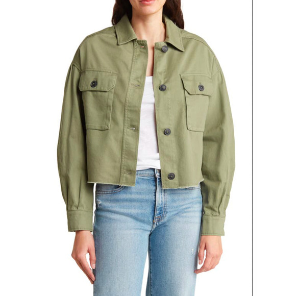RACHEL Rachel Roy Raw Hem Utility Denim Jacket In Fresh Olive, size L - Picture 1 of 9